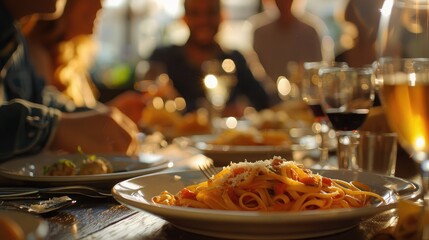 Friends having a pasta dinner at home of at a restaurant.