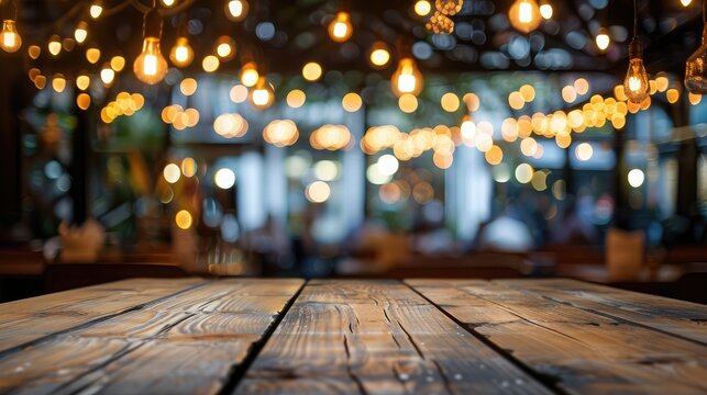 Image of wooden table in front of abstract blurred restaurant lights background.