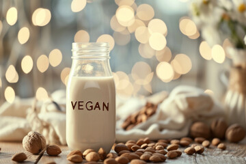 Close up bottle of almond milk with a "VEGAN" label surrounded by nuts nearby on a wooden table on a blurred cafe background with copyspace	
