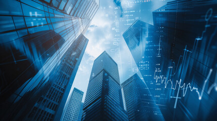 Obraz premium skyscrapers with superimposed graphs and numerical data, illustrating a concept of the business district in a city with a focus on finance and market trends.
