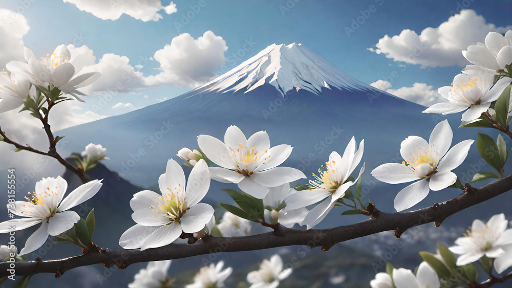 Sticker blossoming branches with mount fuji background