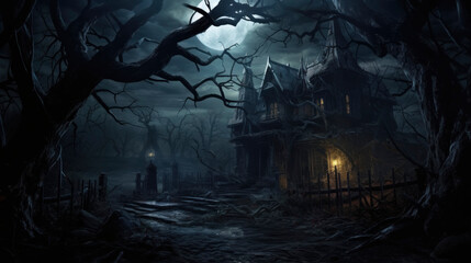 Haunted Victorian Mansion in Eerie Moonlit Forest
