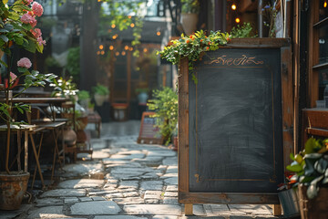 Empty blackboard sign mockup in front of a restaurant  Menu board with a street cafe or restaurant
