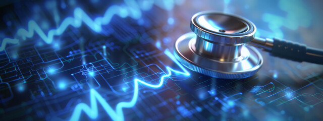 A modern stethoscope rests on a digital tablet displaying a vibrant blue electrocardiogram, indicative of innovative health technology in medical diagnostics.