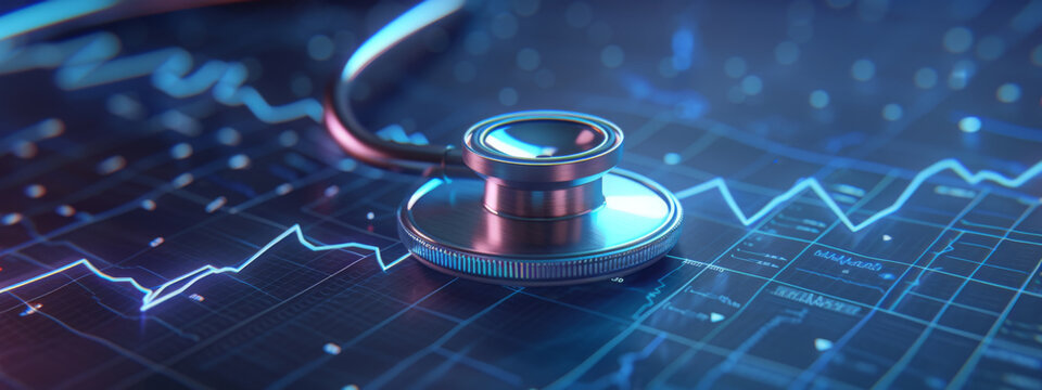 A modern stethoscope rests on a digital tablet displaying a vibrant blue electrocardiogram, indicative of innovative health technology in medical diagnostics.
