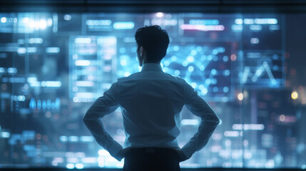 The photo captures a person from behind looking at a complex array of digital screens with various data and graphs in a high-tech control room environment.