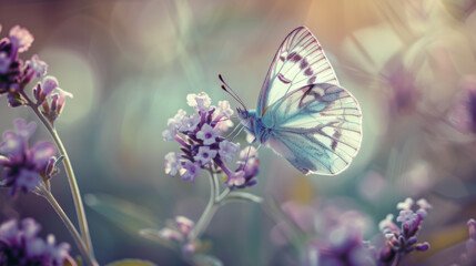 A delicate butterfly is perched on lavender flowers, with the beauty of nature highlighted in this serene close-up.
