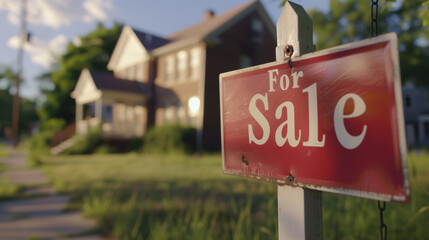 ed "For Sale" sign in focus with a blurred background of a residential house, suggesting that the property is on the market.