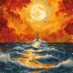 Majestic Full Moon Sailboat Journey Across Serene Waters
