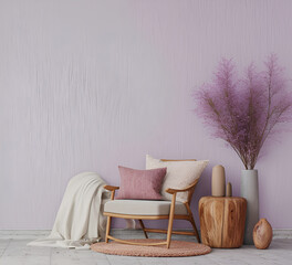 Modern bright interior in beige color with wooden furniture and dry purple grass in a big vase. Soft cozy armchair with pink pillow