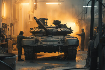 Military Tank Maintenance in a Dusty Hangar with Soldiers at Work