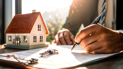 real estate agent signing purchase and sale contract with a pen with house keys for his client on top of the property papers. Real estate or property rental concept