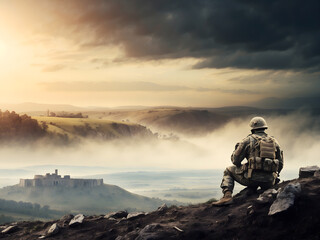 A soldier stands guard atop a hill overlooking a demolished battlefield, with a broad banner featuring world war concepts and a copyspace region design.