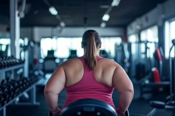Fototapeta na wymiar An overweight young woman stands with her back in the gym preparing to play sports, the concept of an active life in old age, taking care of the body