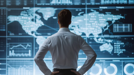 The photo captures a person from behind looking at a complex array of digital screens with various data and graphs in a high-tech control room environment.