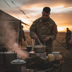 Field Kitchen at Twilight: Soldier Preparing Meals at a Military Campsite