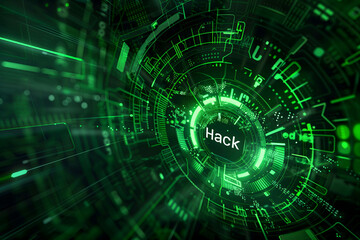 Word &ldquo;Hack&rdquo; on digital green wallpaper, Stealing personal information and distortion of information online