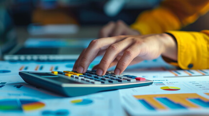 Hands using a calculator over financial documents, with colorful graphs and a laptop on the desk, reflecting a scene of business analysis and budget planning.