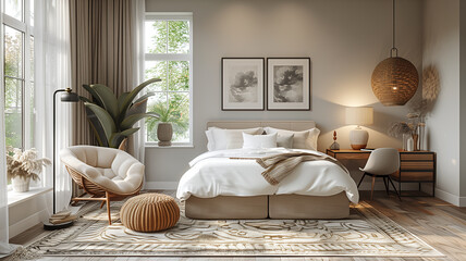 Bright and refreshing bedroom ambiance with crisp white tones and vibrant accents