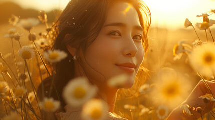 Fototapeta premium Love, golden light in field. Beautiful asian girl.