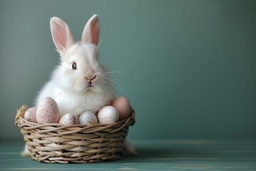 concept of easter, a white fluffy easter bunny sitting in a basket with colorful eggs on a silver background, slightly offset from the center, and empty space on the side	

