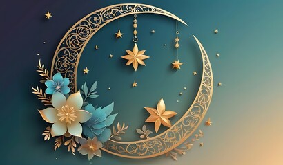 Craft a minimalist vector illustration featuring a crescent moon and twinkling stars on a gradient background to symbolize the beginning of Ramadan. filigree style floral.