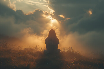 a man kneels and prays, hands folded and raised, and a ray of light falls from the sky
 - obrazy, fototapety, plakaty