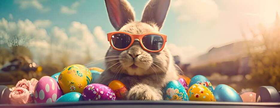 Cute Easter Bunny with sunglasses looking out of a car filed with easter eggs 4K Video