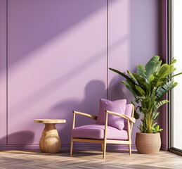 Modern bright interior in light purple color with wooden furniture and house plant. Soft cozy armchair with a pillow.
