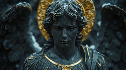 realistic statue of a Saint Michael in black glossy marble with refined details and golden halo - obrazy, fototapety, plakaty