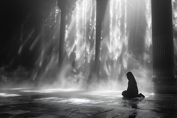 a man kneels and prays, hands folded and raised, and a ray of light falls from the sky
