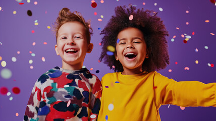 Portrait of two children, boys of different nationalities in yellow and white t-shirt posing and laughing together at a holiday party with confetti on purple background