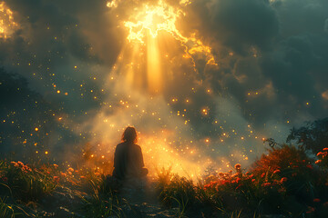 a man kneels and prays, hands folded and raised, and a ray of light falls from the sky
 - obrazy, fototapety, plakaty