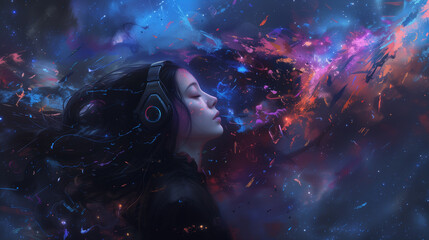 Cosmic Dreamscape: Woman with Headphones Lost in Music and Stars