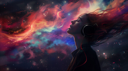 Cosmic Dreamscape: Woman with Headphones Lost in Music and Stars