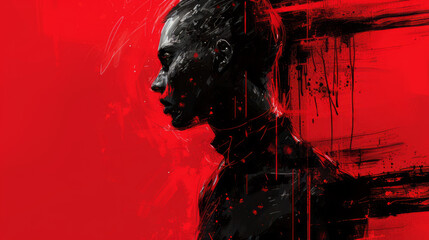 Banner in the style of dark black and red. Human faces in art style. - obrazy, fototapety, plakaty