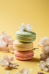 Obraz na płótnie Canvas French sweet macaroons and flowers in pastel colors on yellow background