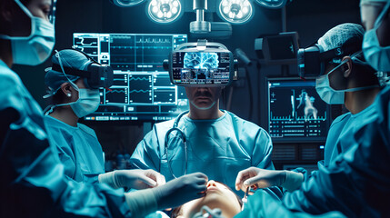 A team of surgeons in an operating room utilizes virtual reality headsets during a surgical procedure, surrounded by advanced medical equipment, monitors displaying vital data, and surgical instrument