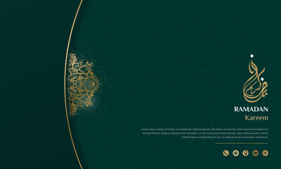 Simple green background with gold line and mandala ornamental design for ramadan kareem campaign. green gold islamic background design. arabic text mean is ramadan kareem - obrazy, fototapety, plakaty