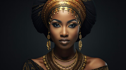 Beautiful black woman dressed in luxurious traditional golden African attire - obrazy, fototapety, plakaty