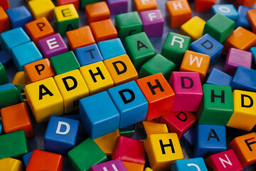 Illustrated ADHD on multicolor cubes as abbreviation of Attention deficit hyperactivity disorder - obrazy, fototapety, plakaty