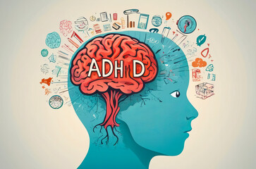 Illustrated ADHD as abbreviation of Attention deficit hyperactivity disorder on human brain - obrazy, fototapety, plakaty