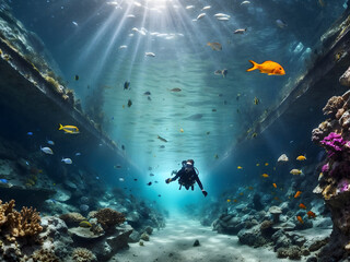 Scuba divers navigate a tunnel beneath the ocean, surrounded by fish and other fascinating underwater life, as seen in the large banner design and large copy space section design.
