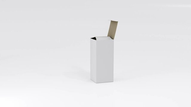 Realistic white box opens to reveal a transparent bottle for pharmacy or cosmetic products. 3d animation on white background