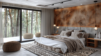 Cozy and welcoming bright bedroom with soft textures and soothing colors for comfort