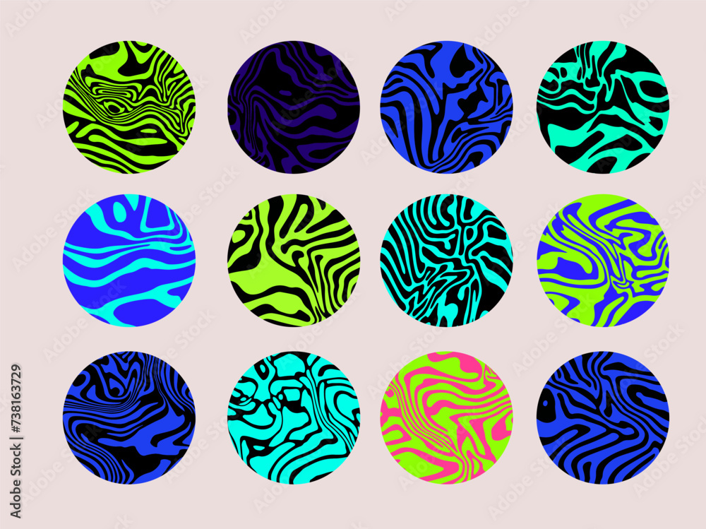 Aufkleber Set of colorful circles with wavy psychedelic pattern. Collection of abstract modern elements for poster, cover, logotype design.