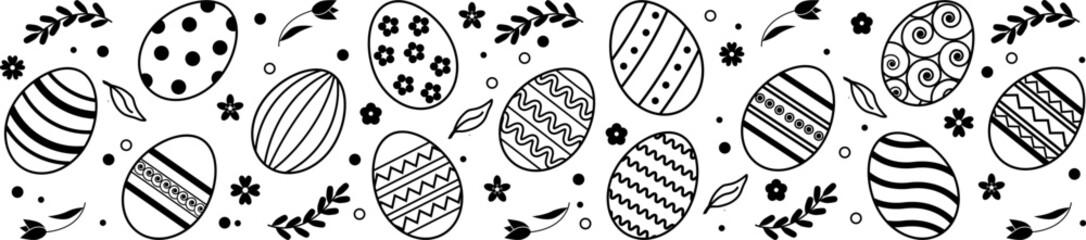   Easter eggs horizontal seamless pattern.Easter seamless border. Easter decoration with easter eggs.Hand drawn easter bunnies background.