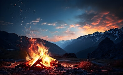 Bonfire on the background of the sky in the mountains. - obrazy, fototapety, plakaty