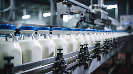  Milk in plastic bottles at factory - obrazy, fototapety, plakaty