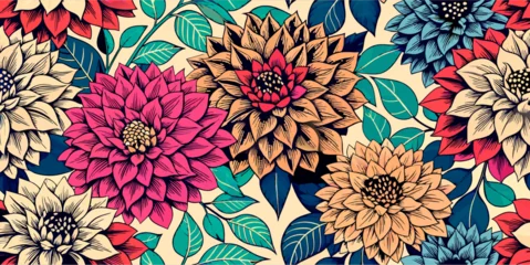 Foto op Plexiglas Flawless array of hand-drawn dahlia flowers intertwined with vibrant leaves - a vector illustration © ahmta